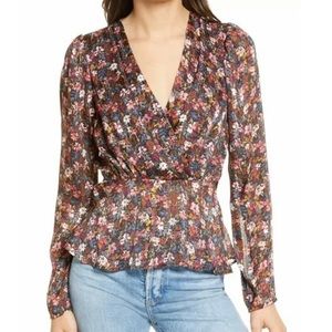 Chelsea28 Floral Long sleeve Wrap-style Peplum Top, Small